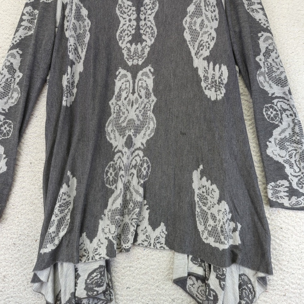Neiman Marcus Gray Lace Print Waterfall Cardigan Sweater Duster Open Front Large - Picture 10 of 11